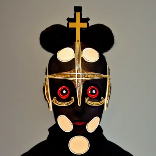 Image similar to a beautiful cyborg made of catholic symbols ceremonial maske