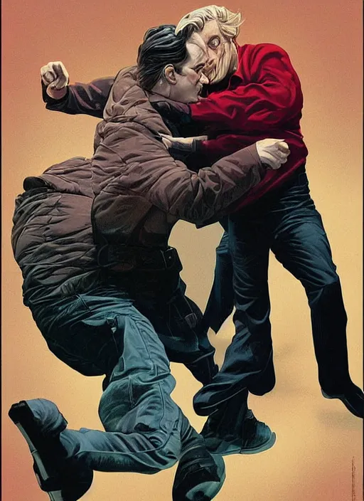 Image similar to poster artwork by Michael Whelan and Tomer Hanuka, Karol Bak of Tom Cruise attacking Philip Seymour Hoffman, from scene from Twin Peaks, clean