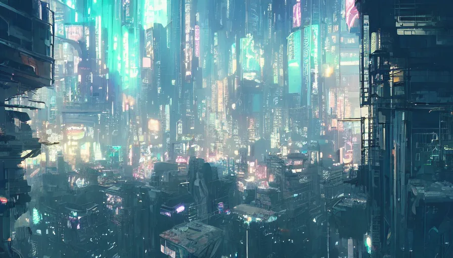 Image similar to A beautiful picture of an establishing shot of a cyberpunk neo tokyo cityscape by Sergey Vasnev and Ismail Inceoglu , trending on artstation.