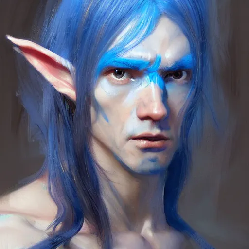 Prompt: elf man, long blue hair, beautiful and handsome features, portrait, painting by alphonse muca, greg ruthowski, craig mullins, ruan jia, wlop, very beautiful and detailed, artstation, high quality