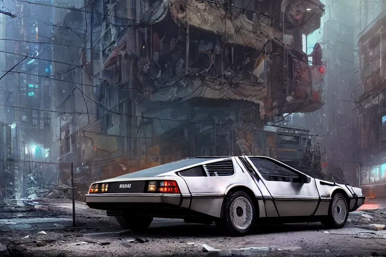 Image similar to highly detailed photorealistic rendering of a delorean parked on the streets of a cyberpunk abandoned city with the door open, futuristic post - apocalyptic vibe, by greg rutkowski and stanley artgerm and alphonse mucha, octane, sharp focus, hyperrealistic, unreal engine 5, vray, masterpiece