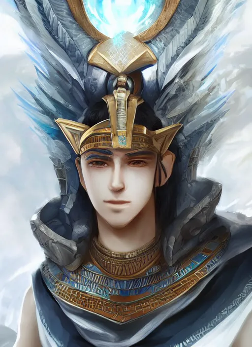 Image similar to detailed beautiful cool male character art depicting a god, egyptian, concept art, depth of field, on amino, by sakimichan patreon, wlop, weibo, bcy. net, colorhub. me high quality art on artstation.