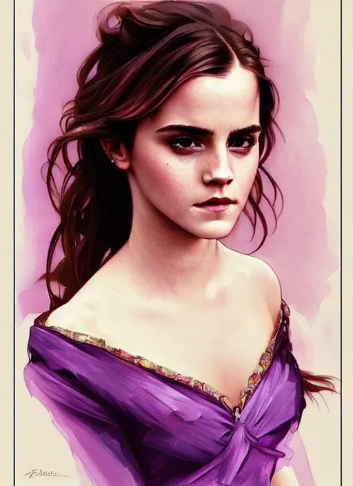 Image similar to emma watson wearing revealing elegant pink and purple dress with flounces. beautiful detailed face. by artgerm and greg rutkowski and alphonse mucha