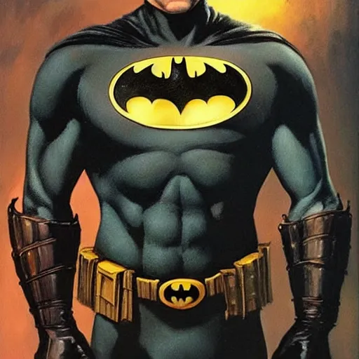 Image similar to an ultra - realistic painting of batman in the style of frank frazetta. 4 k. ultra - realistic. highly detailed. dark fantasy. epic lighting.