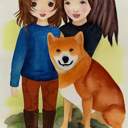 Image similar to a watercolor illustration of a girl with light brown hair, hazel eyes and freckles accompanied by a shiba inu