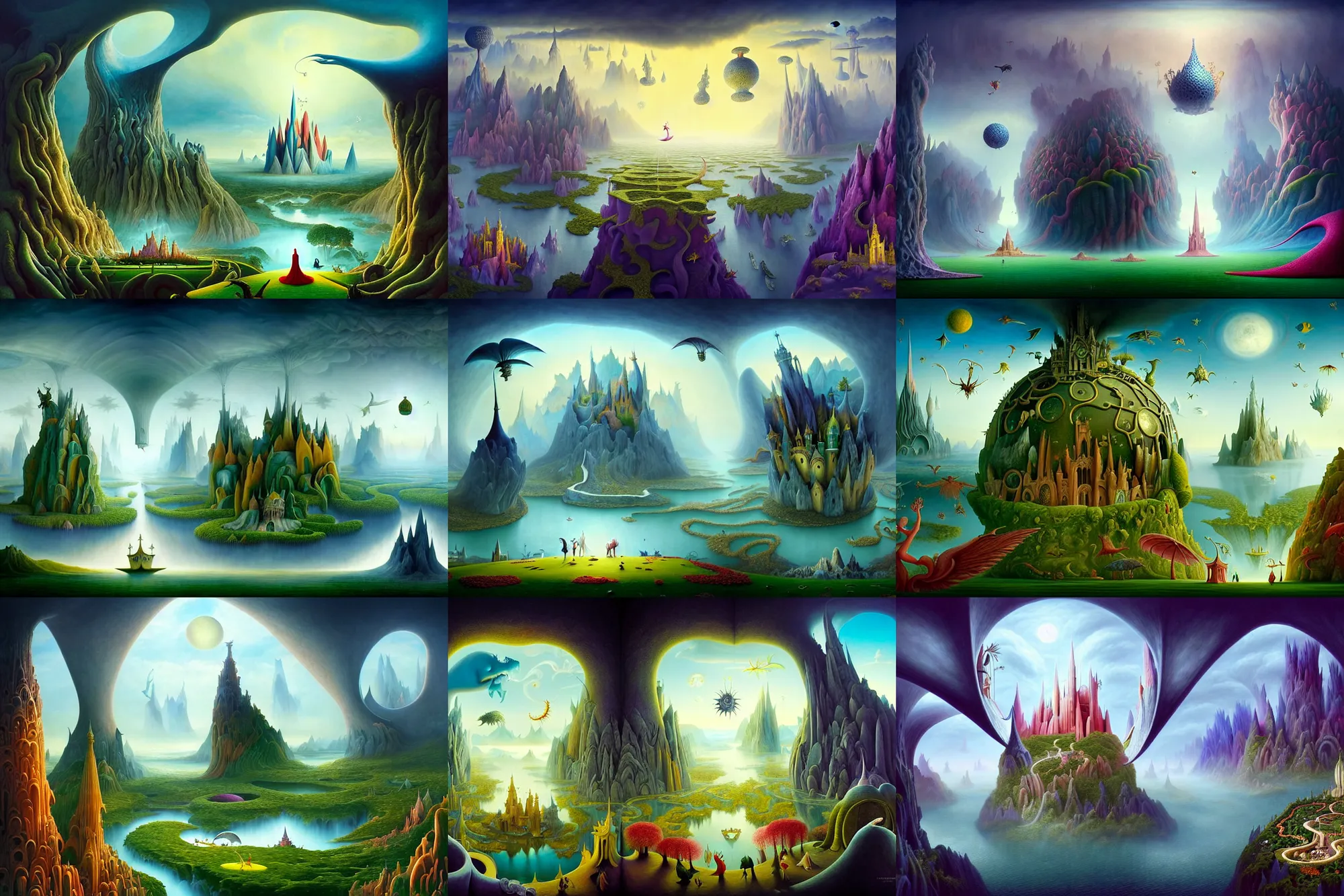 Prompt: a beguiling epic stunning beautiful and insanely detailed matte painting of windows into dream worlds with surreal architecture designed by Heironymous Bosch, dream world populated with mythical whimsical creatures, mega structures inspired by Heironymous Bosch's Garden of Earthly Delights, vast surreal landscape and horizon by Cyril Rolando and Conrad Roset and Andrew Ferez, masterpiece!!!, grand!, imaginative!!!, whimsical!!, epic scale, intricate details, sense of awe, elite, wonder, insanely complex, masterful composition!!!, sharp focus, fantasy realism, dramatic lighting