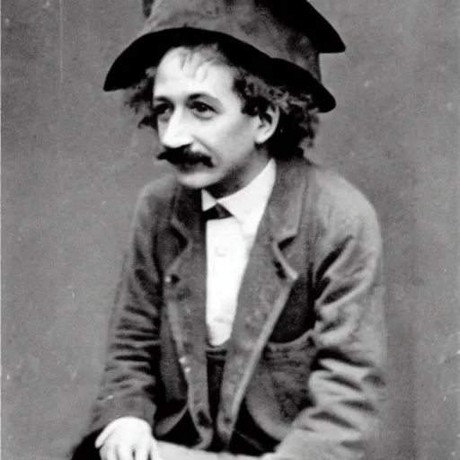 Image similar to Young Albert Einstein wearing a dunce cap, 1920's black and white photograph