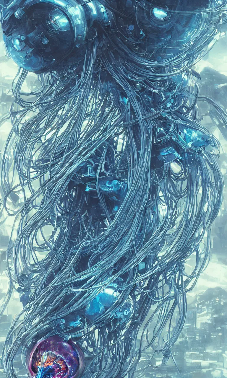 Image similar to a hyper detailed painting of a cyberpunk jellyfish, cables everywhere, blue tones, underwater, highly detailed, digital painting, artstation, concept art, smooth, sharp focus, illustration, art by artgerm and greg rutkowski and alphonse mucha