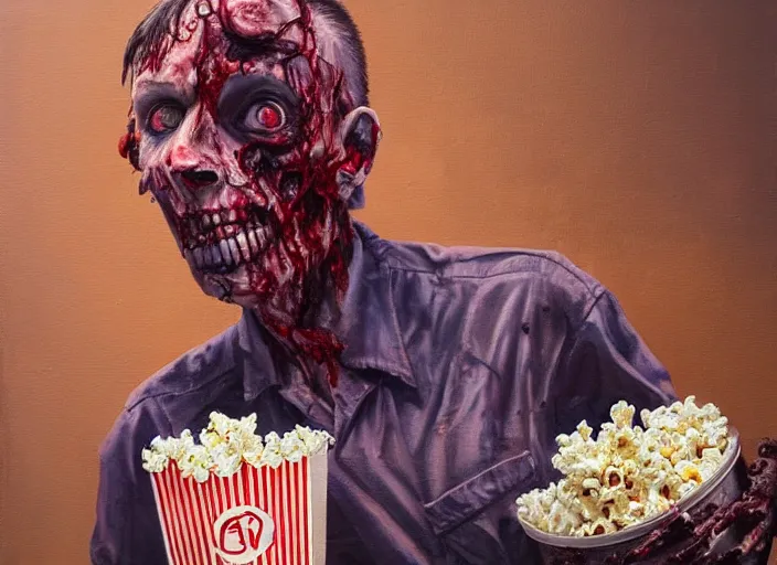 Prompt: a painting of a zombie at the movie theater eating popcorn, full body, an ultrafine detailed painting by james jean, cgsociety, figurative art, detailed painting, dystopian art, high detail,