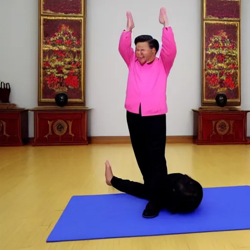 Image similar to Xi Jinping doing yoga on a theatre stage people clapping in front, in the style of Lucian Freud paintings