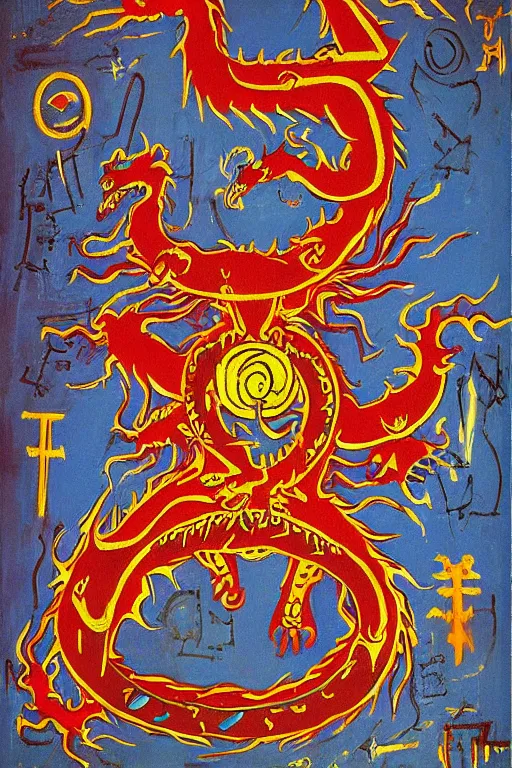 Prompt: occult symbols forming a dragon on the wall, street art, by Basquiat, by Jean Giraud, stunning, wow, complex, symbolism