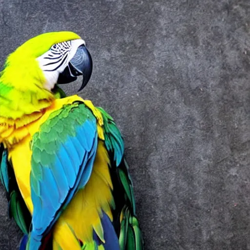 Image similar to parrot with human hair instead of feathers