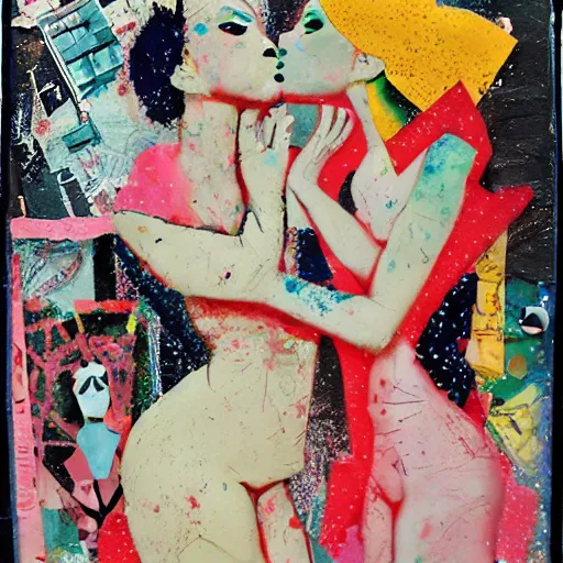 Image similar to two women kissing at a carnival in winter, mixed media collage, retro, paper collage, magazine collage, acrylic paint splatters, bauhaus, claymation, layered paper art, sapphic visual poetry expressing the utmost of desires by jackson pollock