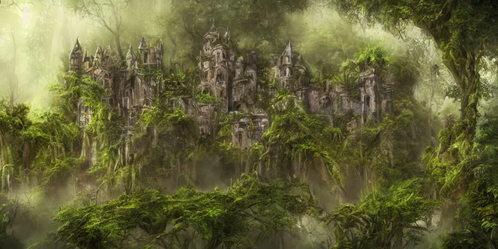 Prompt: a castle hidden in the jungle, overgrown with trees, misty, whimsical, fantasy art style, highly detailed, 4 k