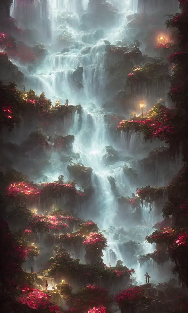 Image similar to fantasy world detailed art, dreamy roses waterfall, cinematic view, detailed, concept art, high detail, warm fantasy lighting, volumetric, trending on artstation, art greg rutkowski