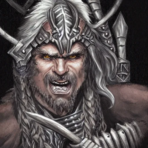 Image similar to Character portrait, face close up: Human Male Barbarian/Druid. Wolf, demon axe, hell. In the style of Ralph Horsley