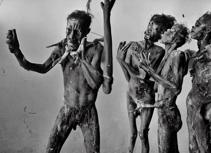 Image similar to 3 5 mm still from film by roger ballen, surreal dance scene of ritual in a picturesque outdoors setting, ashes, new guinea mud man, smoke, close - up of the actors faces, sharp, medium format 6 x 6, 1 6 k