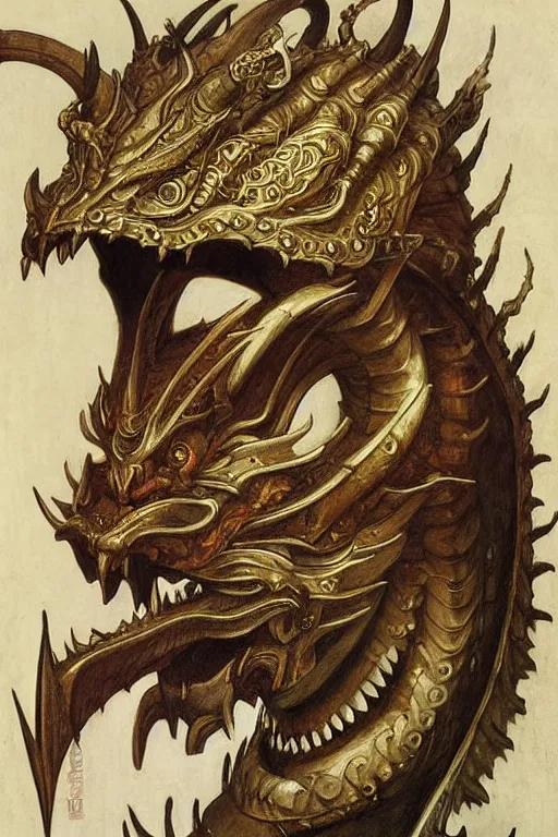 Image similar to portrait of a gullum is a chinese dragon in armor and helmet, majestic, solemn, symmetrical, detailed intricate, hyper realistic, by bouguereau