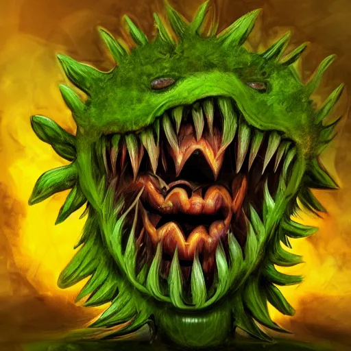 Image similar to Plant monster with a menacing smile and amber teeth, green body, semi realistic, trending on art station