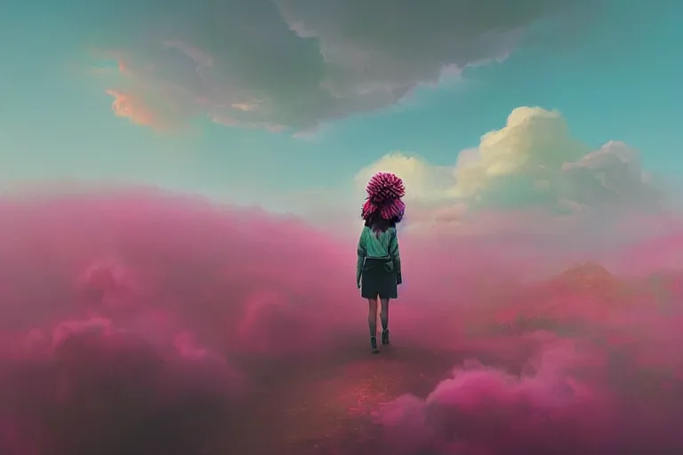 Image similar to giant dahlia flower crown face, girl walking on mountain, surreal photography, pink storm clouds, dramatic light, impressionist painting, digital painting, artstation, simon stalenhag