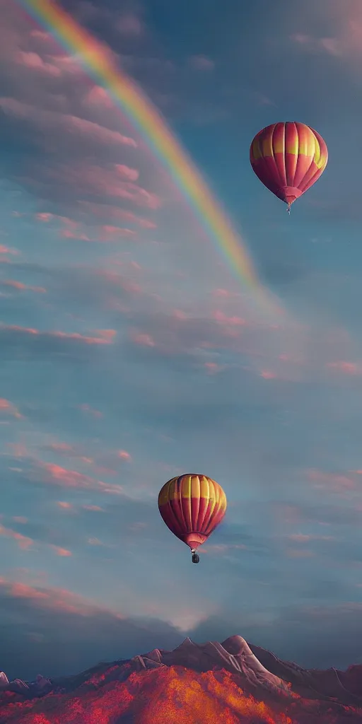 Prompt: elevated view of hot air balloon in flight, rule of thirds, Vinicuana Rainbow mountain in distance, golden hour, Photorealistic, establishing shot, cinematic lighting, , dramatic lighting, atmospheric, realistic, octane render, highly detailed, color graded, matte painting in the style of simon stalenhag