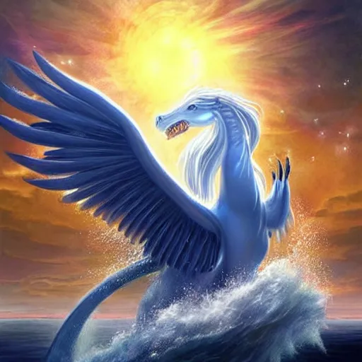 Image similar to a beautiful, celestial, oceanic drakopegasus rising from the sea toward the stars, fantasy art,