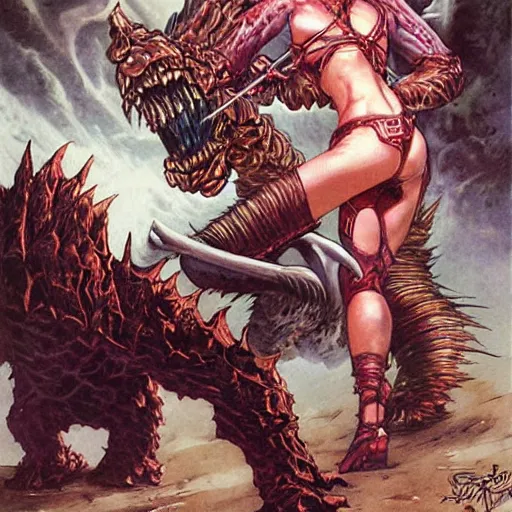 Prompt: Woman fighting a monster, art by Stephen Hickman