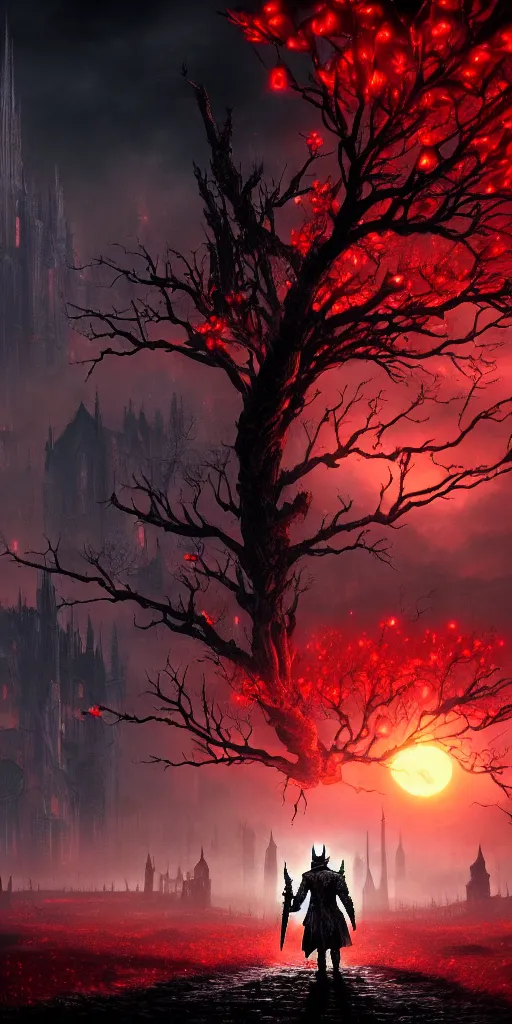 Image similar to populated bloodborne old valley with a dark person at the centre and a ruined gothic city in the background, trees and stars in the background, falling red petals, epic red - orange moonlight, perfect lightning, wallpaper illustration by niko delort and kentaro miura, 4 k, ultra realistic