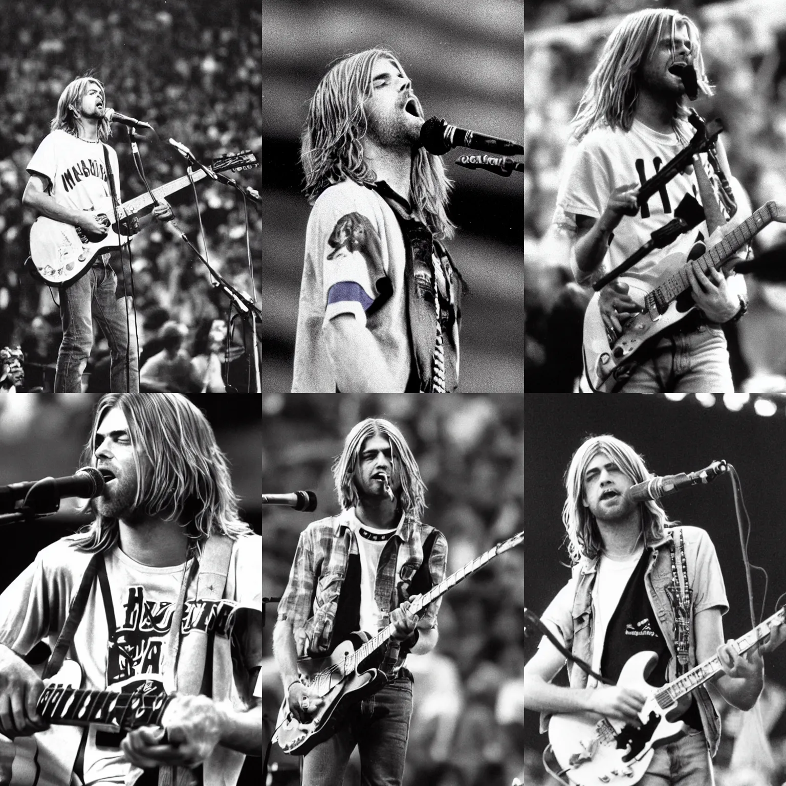 Prompt: Kurt Cobain singing the national anthem at a baseball game, live performance