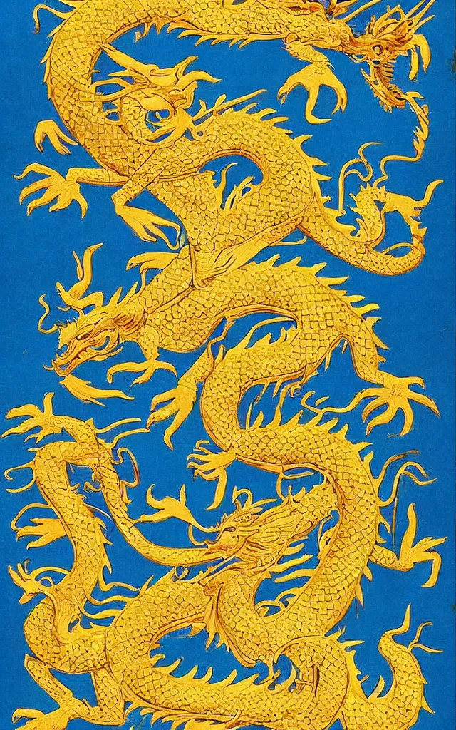 Image similar to a chinoiserie poster depicting a golden dragon