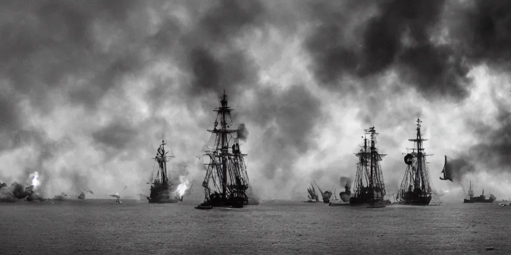 Prompt: steampunk naval battle, shots fired, clouds of smoke, wide shot, 120 black and white film