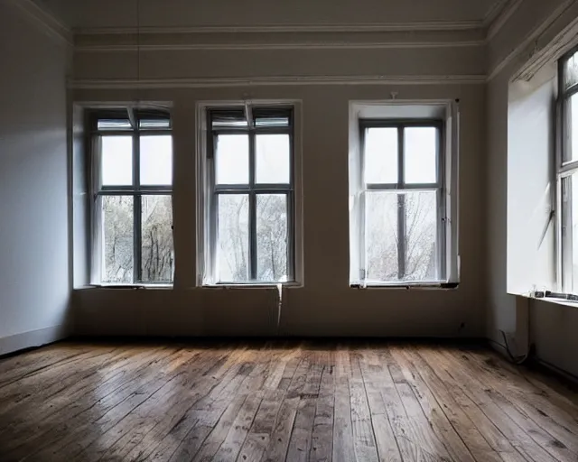 Image similar to Liminal space, clean floor and walls, dimly lit by sunlight from the windows, cosy, relaxing