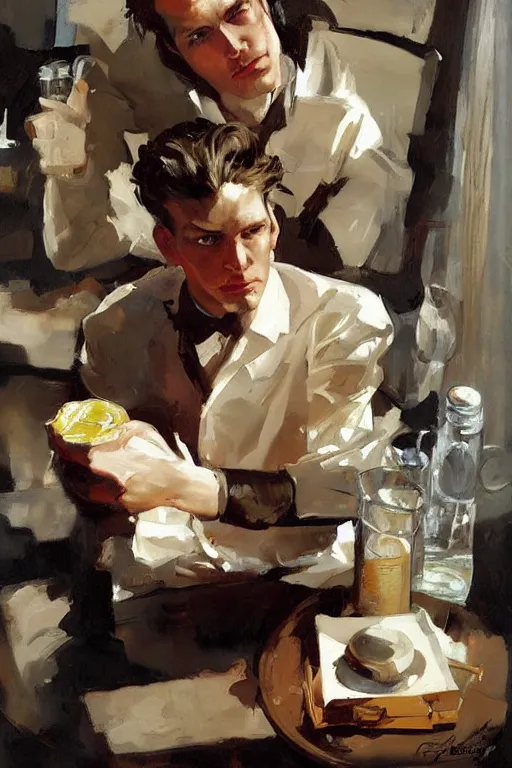 Image similar to report of the week food review painting by jc leyendecker!! phil hale!, angular, brush strokes, painterly, vintage, crisp