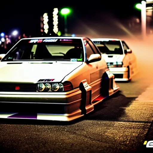 Image similar to a car JZX90 twin turbo drift at illegal car meet, saitama prefecture, city midnight mist lights, cinematic lighting, photorealistic, highly detailed wheels, high detail