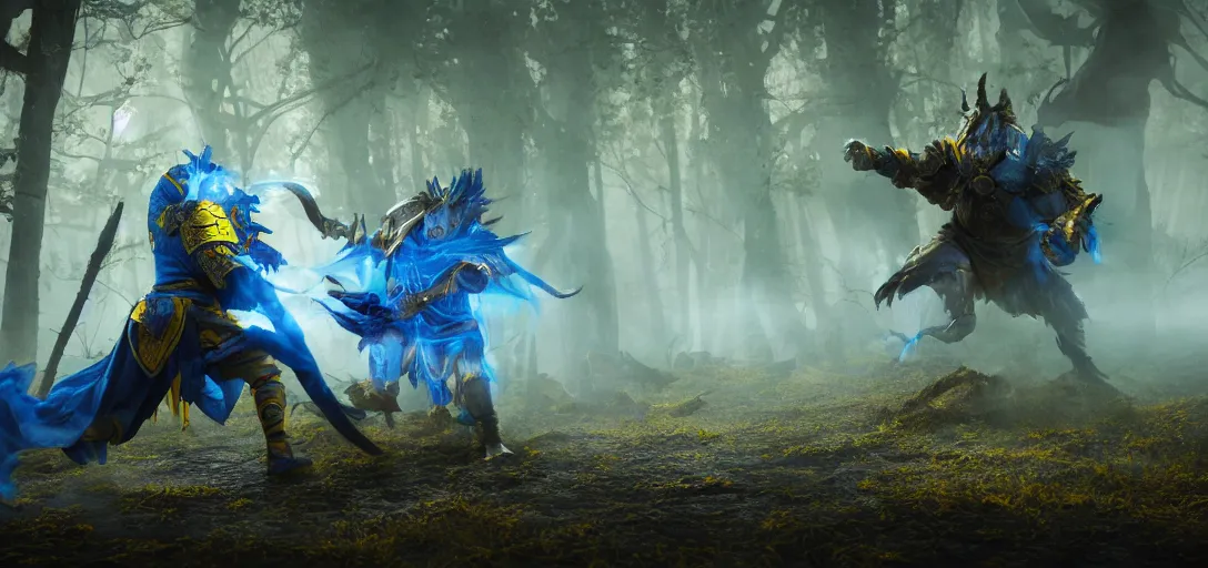 Prompt: a warrior in blue and yellow robes fighting a dark beast in a swamp, detailed face, luminescent eyes, sunny weather, rendered in octane, realistic, 8 k, vivid, intricate, detailed, mist, fog, dramatic light