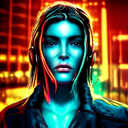 Image similar to stylish woman cartoon portrait made out of rain, leather jacket, cyberpunk background, rendered in octane, unreal engine, highly detailed, trending on artstation, realistic, splashes of neon, beautiful