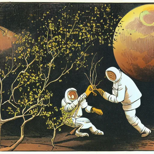 Prompt: A man cuts an osmanthus tree on the moon, surrounded by many small white rabbits.