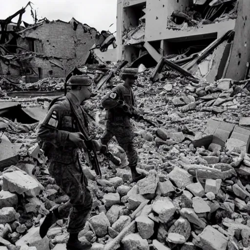 Prompt: black and white photograph of two soldiers walking through the rubble of a destroyed town as they look foward.