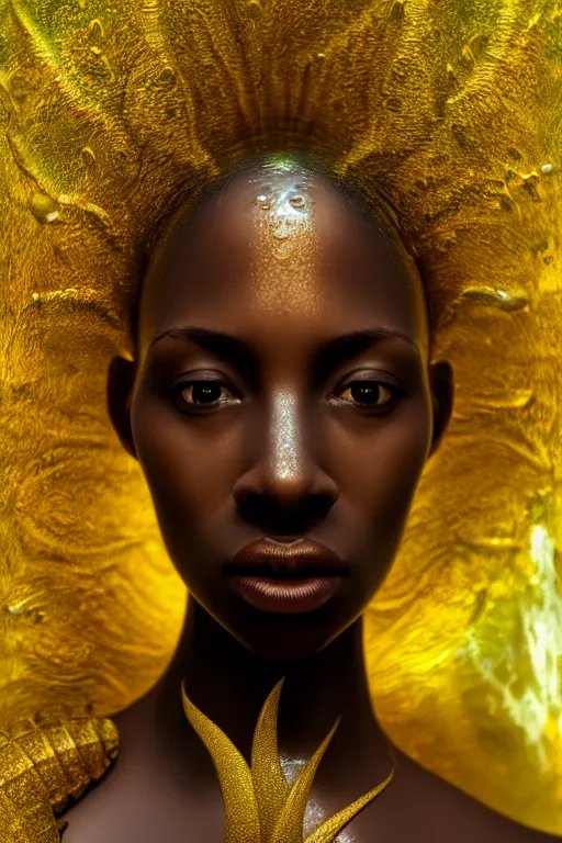 Image similar to hyperrealistic precisionist cinematic underwater scene with fish and algae, very expressive! translucent elegant african goddess, full body, gold jewerly, highly detailed face, digital art masterpiece, aykut aydogdu zener, dramatic volumetric light, long shot, low angle uhd 8 k, sharp focus