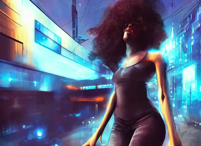 Image similar to garota negra com cabelo crespo, atmosfera cyberpunk, rio de janeiro pao de acucar no fundo, iluminacao roxa e azul, futurista, sci - fi city, digital art, trending on artstation