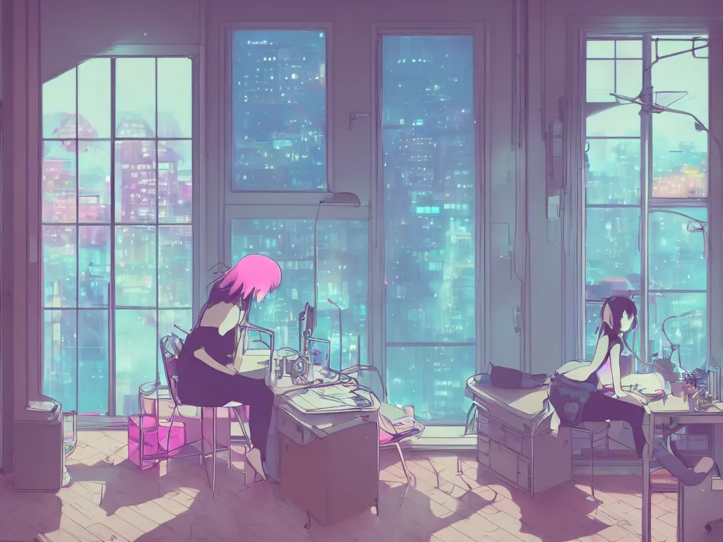 Image similar to beautiful illustration of a lonely female in her studio apartment sitting at her computer desk which is in front of a window which looks out to a futuristic city at night, japan, anime manga style, neon pastel, in the style of ghibli and hayao miyazaki and satoshi kon and shinichiro watanabe and makoto shinkai