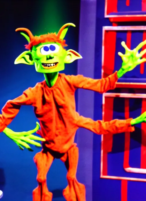 Prompt: creepy scary gangly goblin monster invades the set of a 9 0's childrens tv gameshow, 4 k resolution