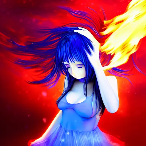 Image similar to glitched and crack sensor, advanced digital anime art, a very cute gorgeous teenage girl with a body made of fire and ice wearing a dress made of water , full body, very long snow colored hair, sky blue highlights in hair, red fiery watery eyes, full round face, dramatic cinematic lighting, highly intricately detailed, trending on pixiv, Artstation, painted by Rossdraws and the style of Sakimimichan