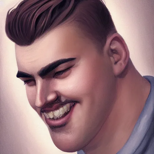 Prompt: tall fat man in his twenties with brown blond short quiff hair and round facial structure with cleft chin, straight eyebrows, slightly smiling, cheekbones, wider face, shadow of beard, atmospheric lighting, painted, intricate, 4 k, highly detailed by charlie bowater