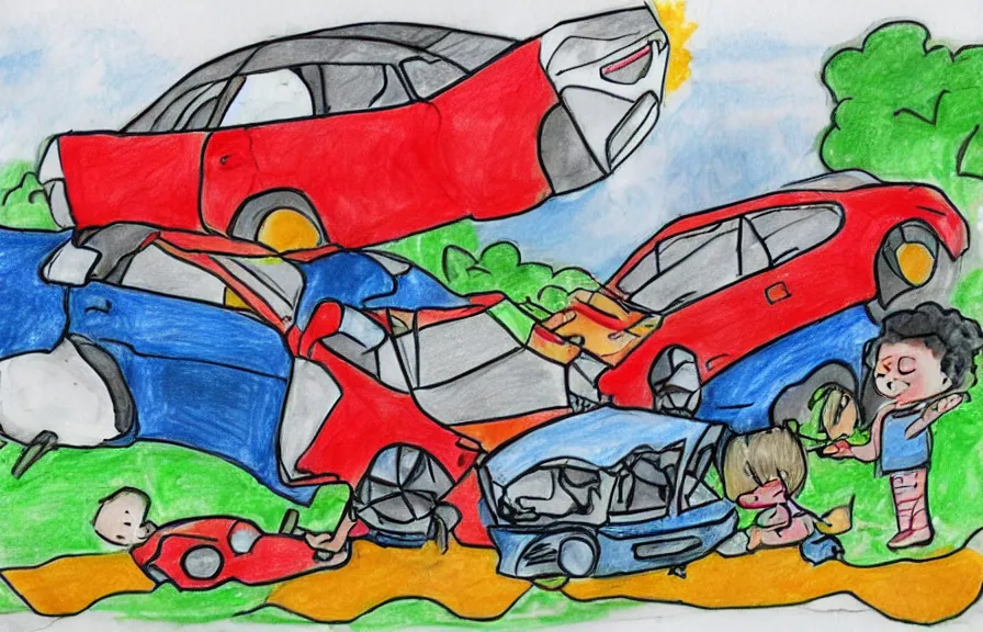 Image similar to car crash, children drawing