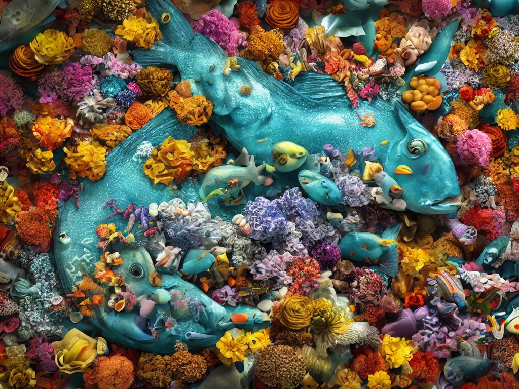 Prompt: a sculpture of fish ocean intertwined, a lovely cornucopia of flowers and human body parts, body parts, highly detailed, octane render, cinematic, shock, sharp focus, whole of cycle sharp