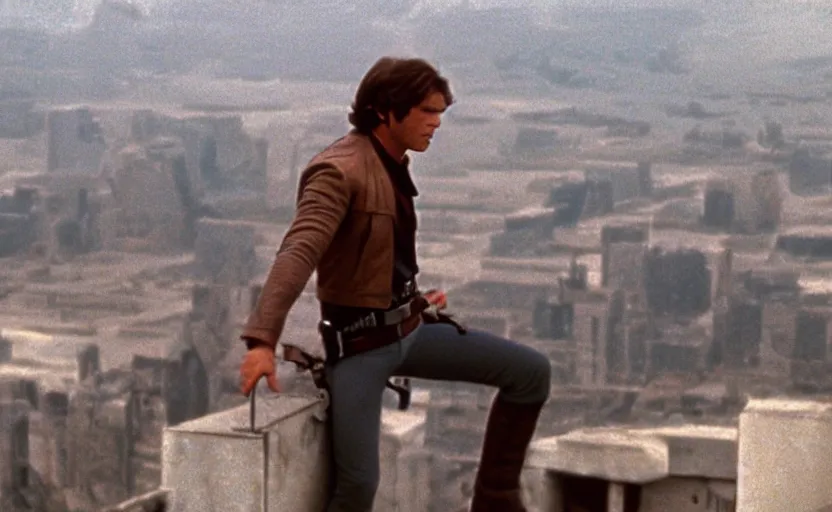 Image similar to screenshot portrait of Han Solo on a city cliff, cinematic scene from 1970s film by Stanley Kubrick, iconic, retro design, serene, stunning cinematography, hyper-detailed, sharp, anamorphic lenses, kodak color, 4k, stunning