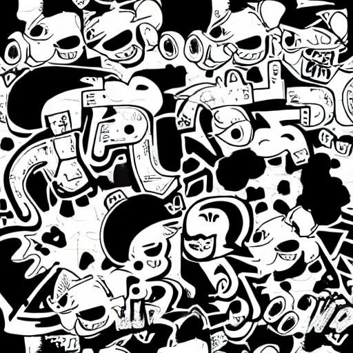 Image similar to zef design black and white color scheme, graffiti, cute characters