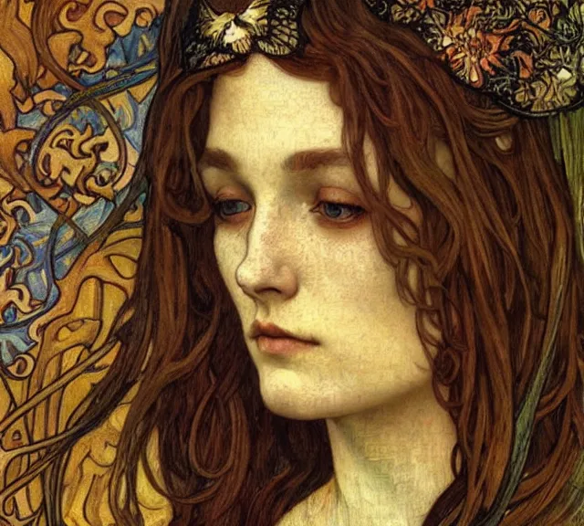 Image similar to detailed realistic beautiful young medieval queen face portrait by jean delville, alphonse mucha, vincent van gogh, and marco mazzoni, art nouveau, symbolist, visionary, gothic, pre - raphaelite