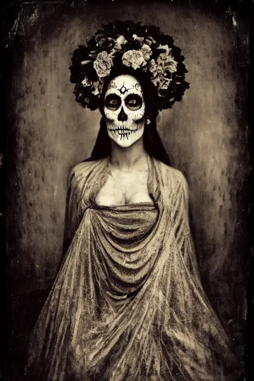 Prompt: tintype, 1 9 0 0's virgin mary dia de muertos dress and make up, horrific beautiful vibe, evocative, atmospheric lighting, painted, intricate, highly detailed, leesha hannigan, wayne haag, reyna rochin, ignacio fernandez rios, mark ryden, iris van herpen, stunning, gorgeous, sharp focus, cinematic, masterpiece